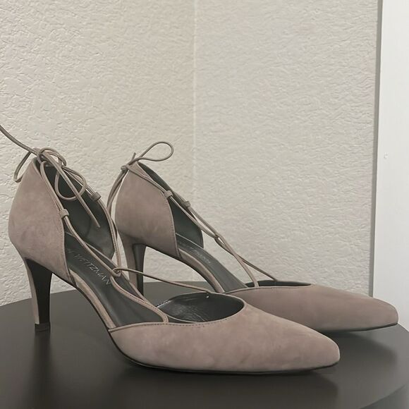 STUART WEITZMAN Gray/Beige Ankle Tie 3 Inch Heels, Size 10 - Picture 2 of 10